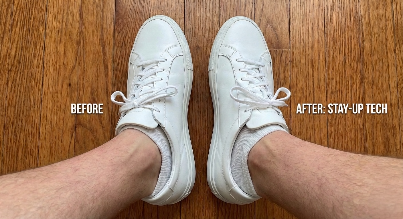 A side-by-side comparison of feet in white sneakers: the left shows a regular sock slipping down into the shoe, while the right shows a stay-up sock remaining perfectly in place.