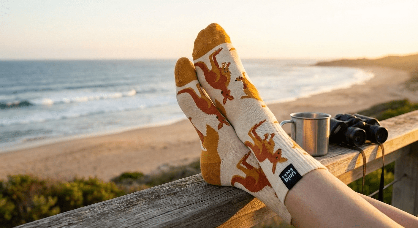 Person resting their feet on a wooden railing overlooking a beach at sunset, wearing Uniq Socks' cream-coloured bamboo socks featuring an orange kangaroo pattern. A metal camping mug and binoculars sit on the railing nearby.