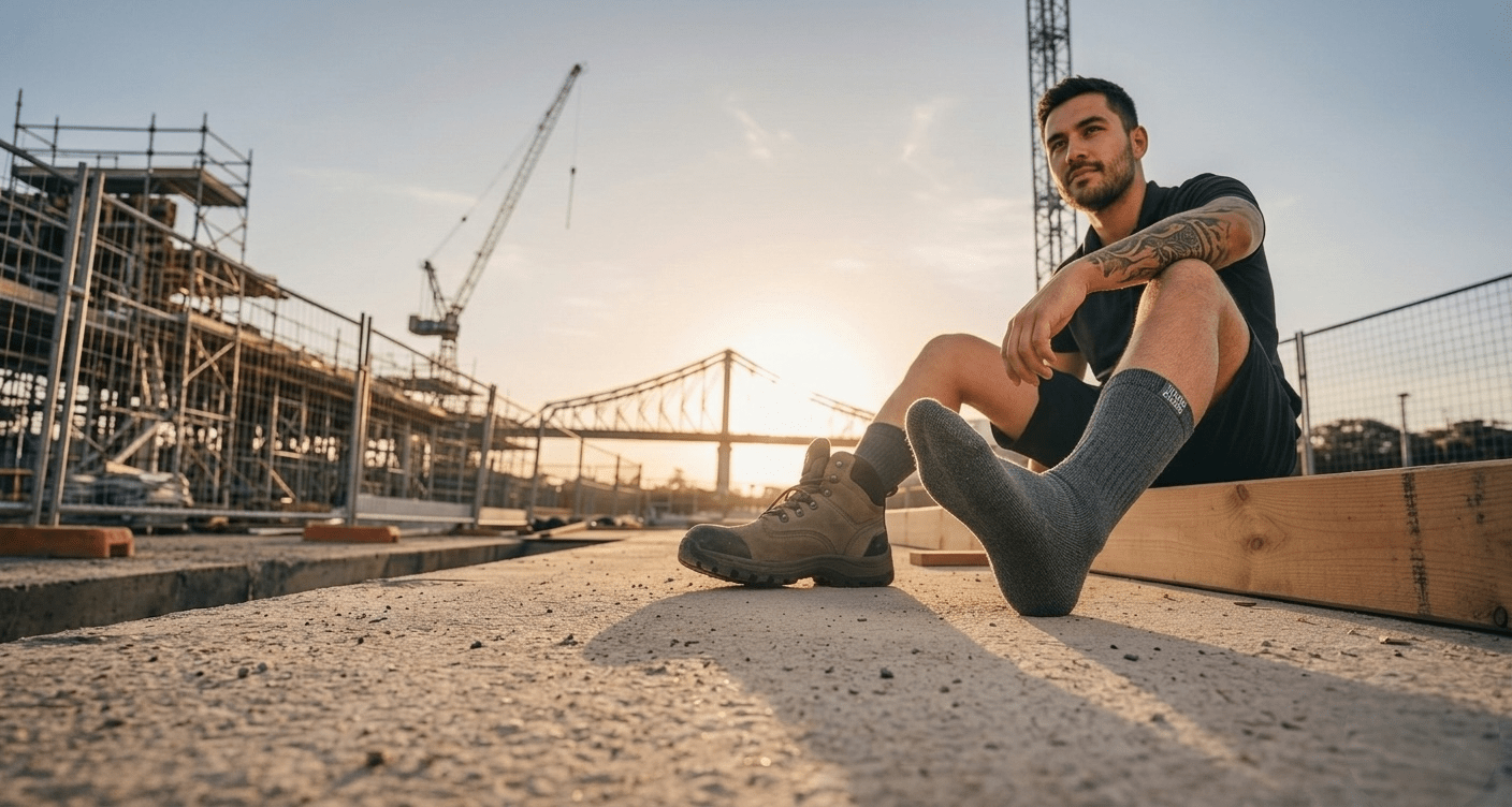 Construction worker resting at sunset wearing a grey Uniq Socks bamboo work sock and safety boot.