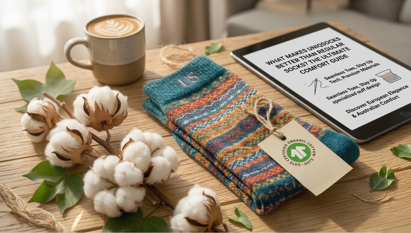 GOTS certified organic cotton Uniq Socks with "US" monogram branding, shown next to a coffee mug and raw cotton on a cozy wooden surface.