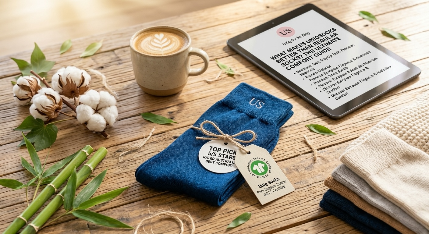 Uniq Socks flat lay with GOTS certified tag, bamboo stalks, and tablet guide.