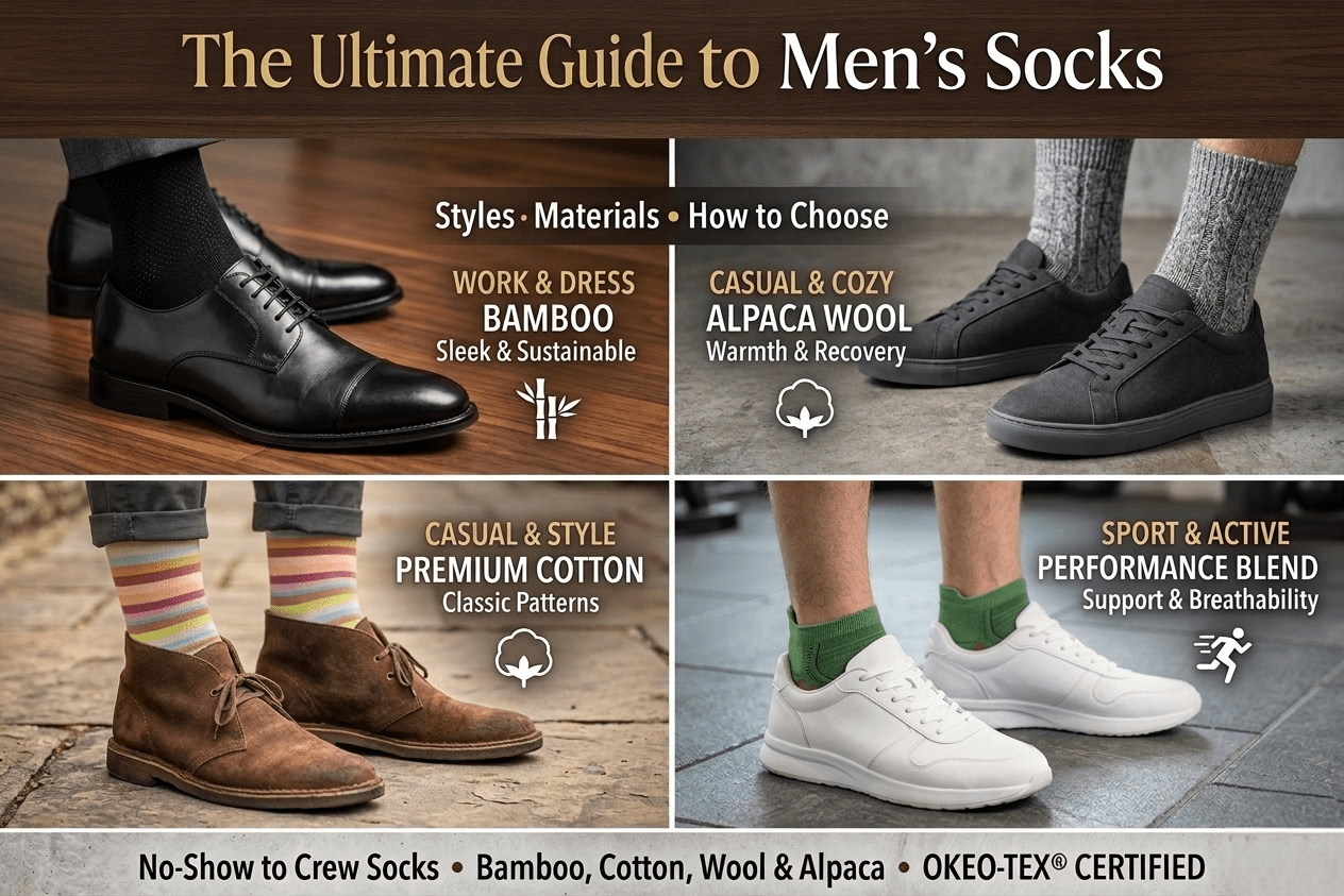 Infographic guide to men's sock styles and luxury materials, featuring premium bamboo dress socks, warm alpaca wool socks, classic cotton patterned socks, and activewear blends.