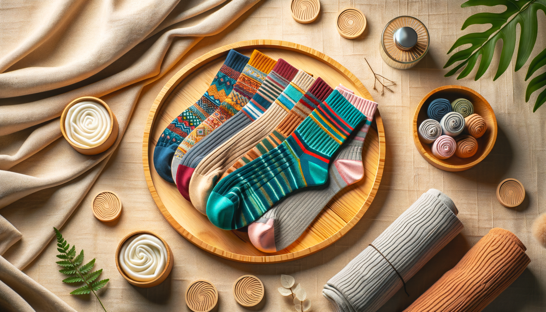 colorful bamboo and cotton socks arranged on a soft, bright background