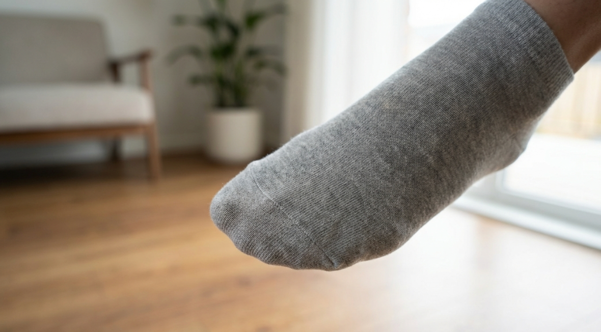 Close-up of a grey bamboo seamless toe sock on a foot, highlighting the smooth, irritation-free fit on a wooden floor.