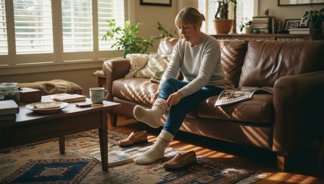 Woman seated on a brown leather sofa, pulling on cosy socks in a sunlit living room.