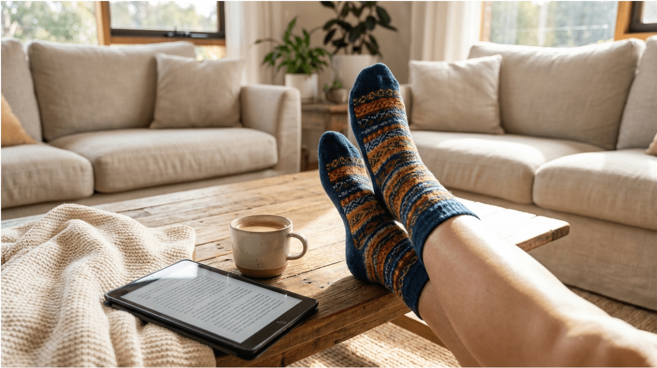 Feet wearing colourful, patterned Uniq Socks resting on a coffee table.