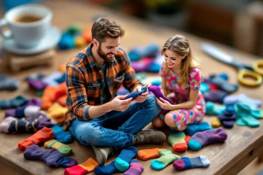 Image of miniature man and woman sitting on a tabletop surrounded by many different coloured socks