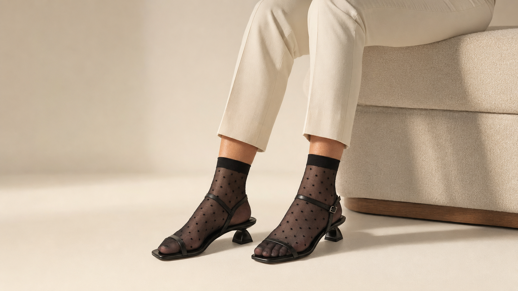 Woman wearing black sheer polka-dot ankle socks with black strappy sandals and cropped ivory trousers