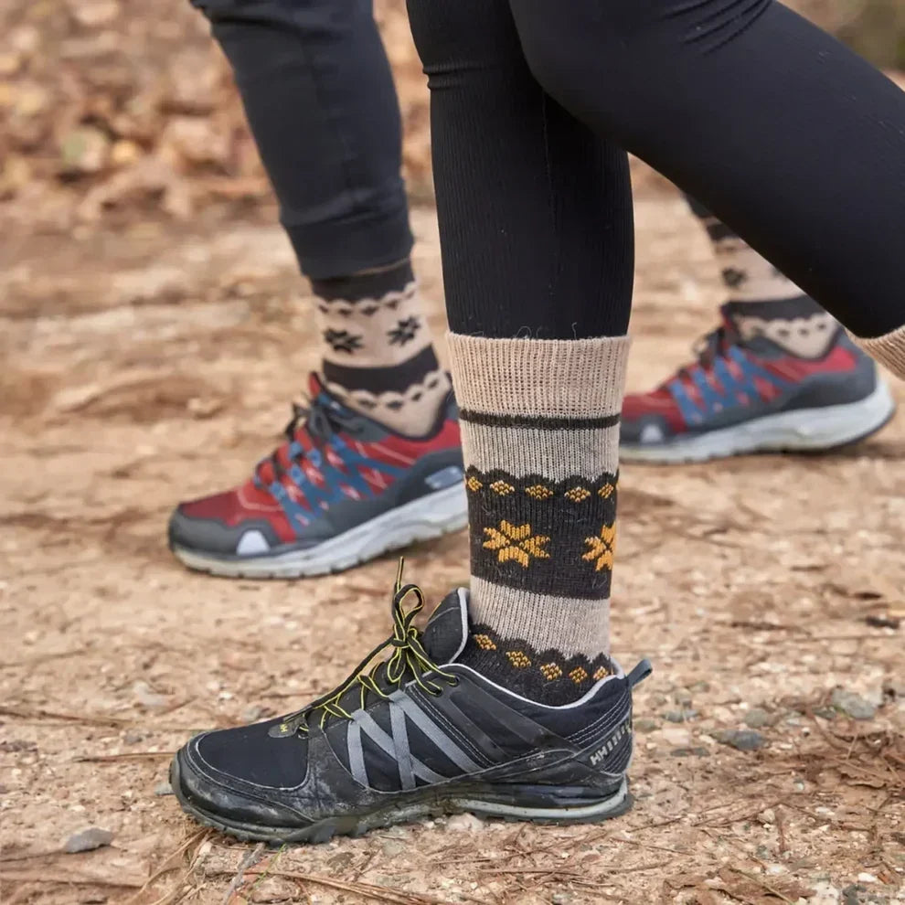 Wool hiking socks worn with walking shoes on an outdoor trail