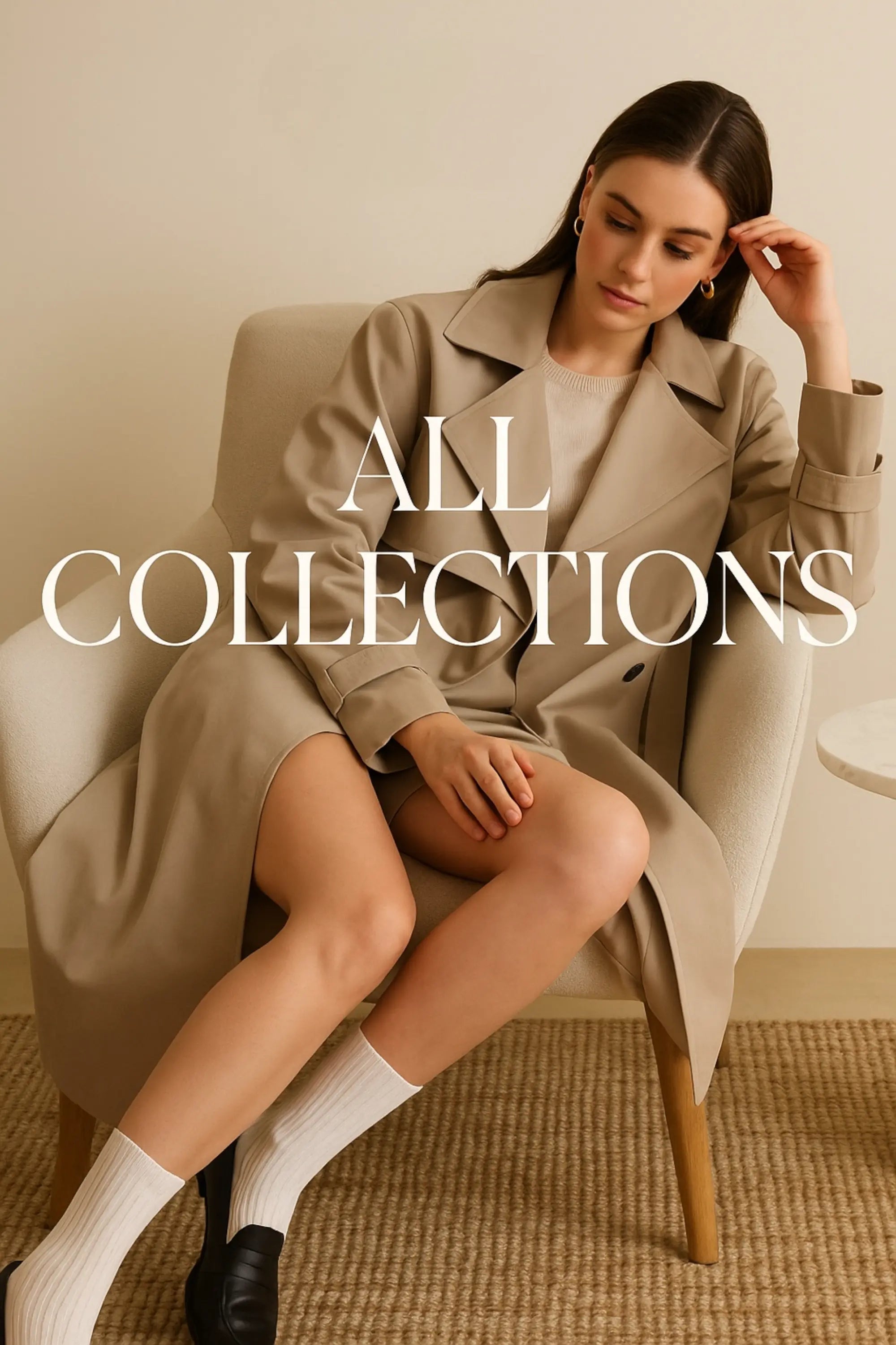 Woman sitting in a chair wearing a beige coat and white socks in black flats. The banner says 'All Collections'