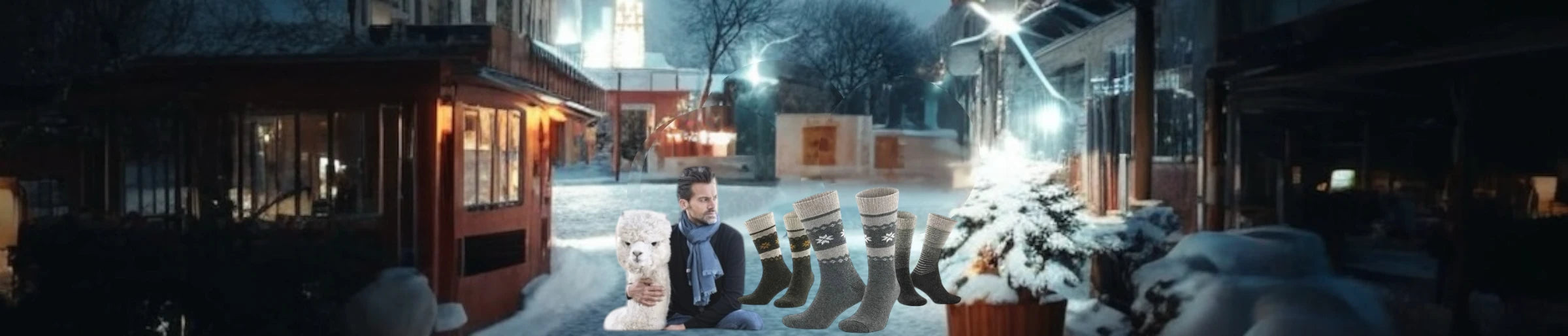Photo of a snowy winter landscape showing woollen men socks
