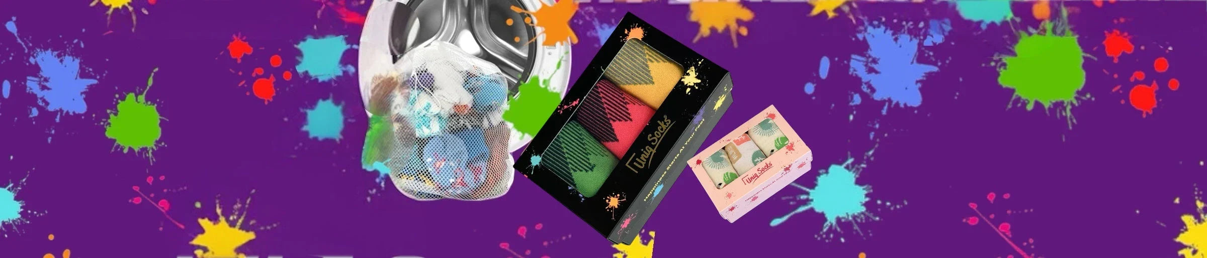 A selection of Uniq Socks products against a purple background with bright coloured paint splatters