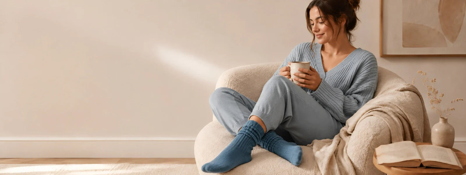 A woman wearing black leggings and cream socks sitting in a lounge room with a coffee cup and a book on a timber floor