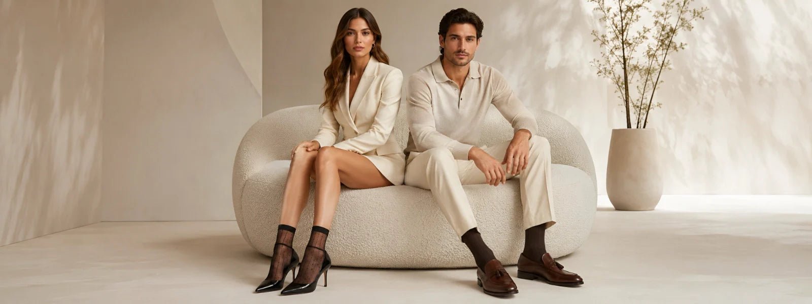 Couple wearing elegant dress socks and sheer ankle socks in a luxury fashion setting | Uniq Socks Australia