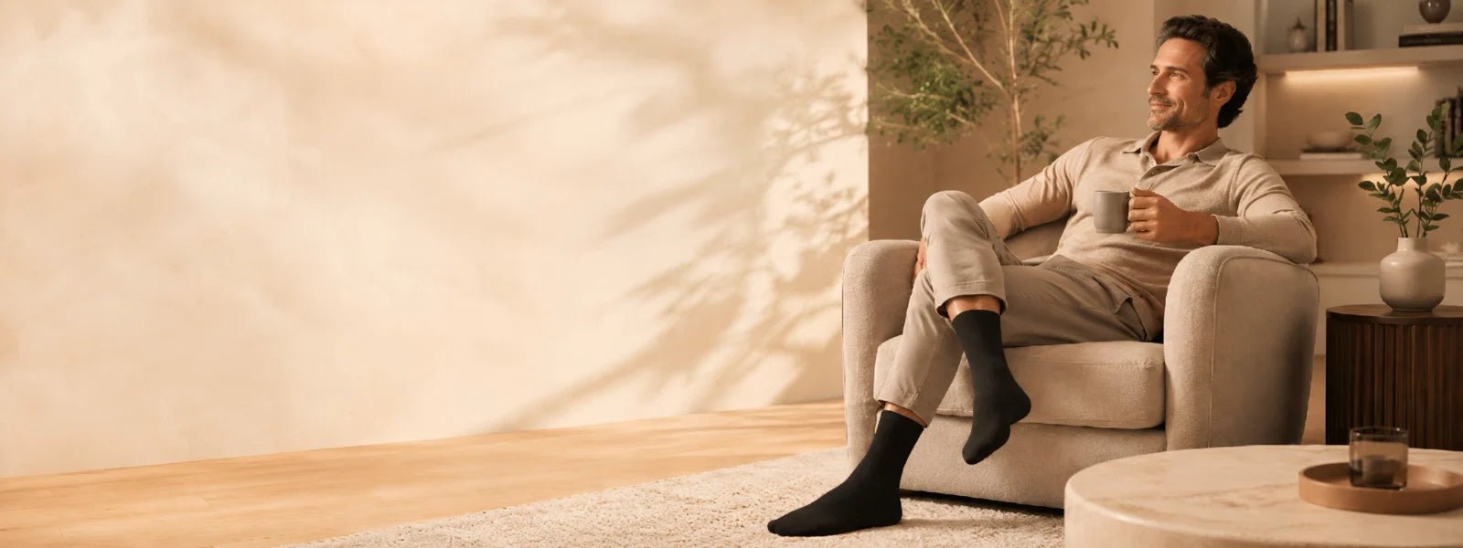 Man wearing black wellness socks in a calm luxury home setting | Uniq Socks Australia