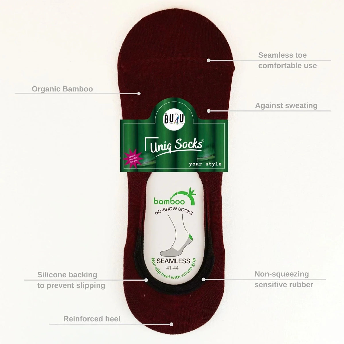Image of key features of Uniq Socks bamboo burgundy no-show socks