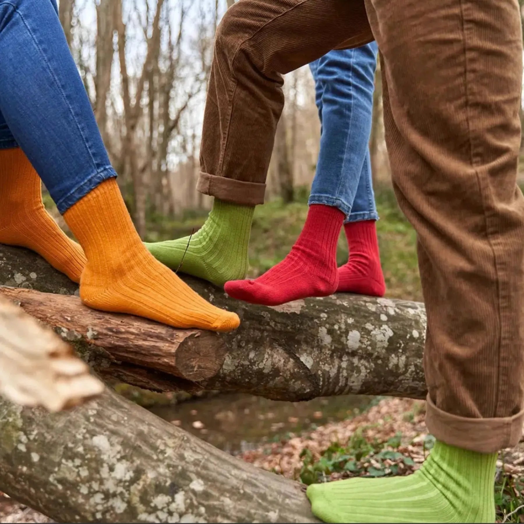 Three people in a forrest wearing bright coloured eco-friendly cotton socks