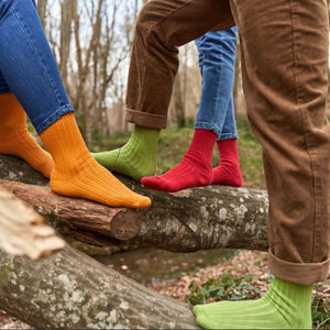 Three people in a forrest wearing bright coloured eco-friendly cotton socks