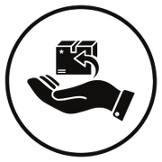 Black and white icon of a hand holding a parcel