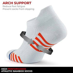 image of white bamboo athletic socks with orange and blue stripe explaining arch support