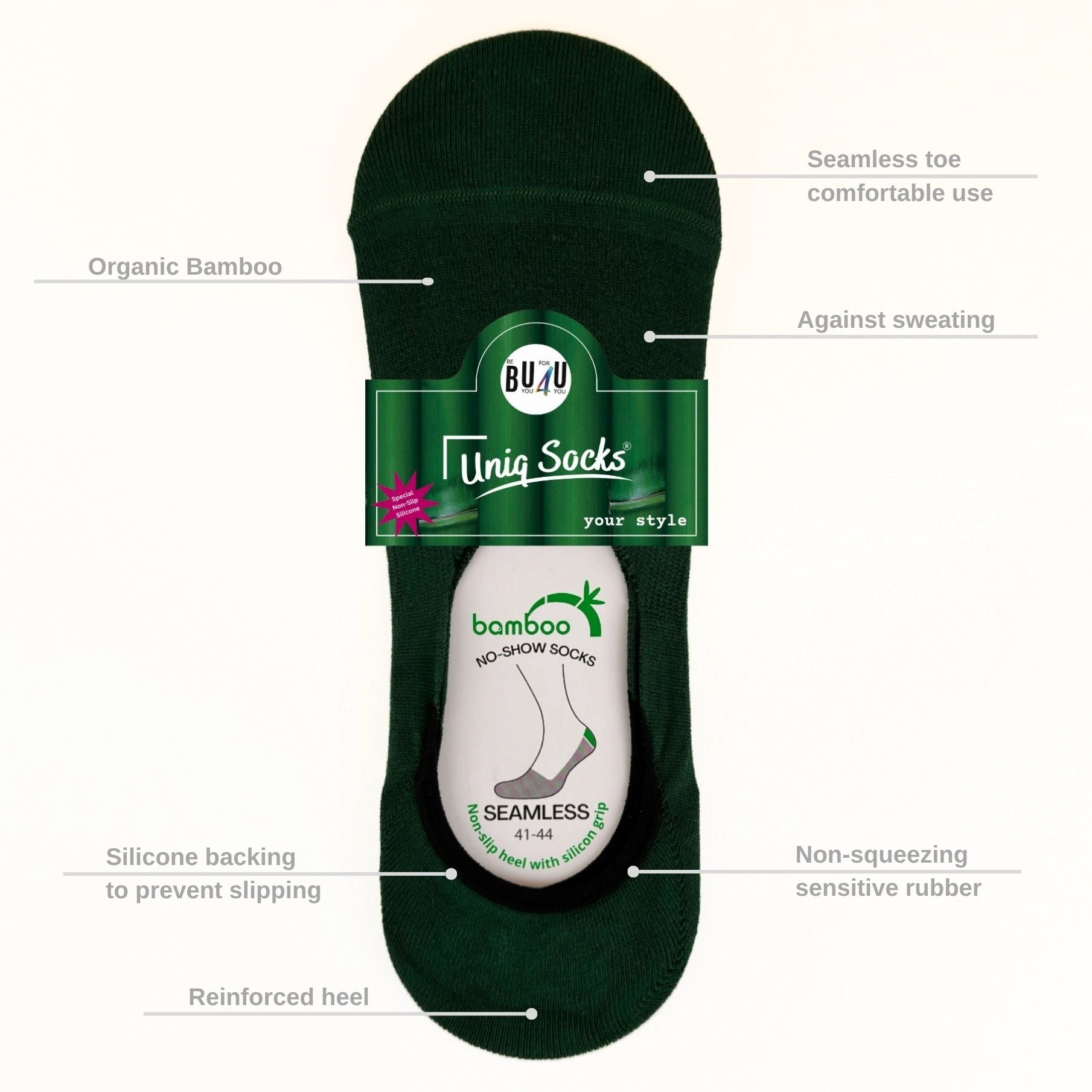 Image of seamless bamboo no-show sock showing sock features