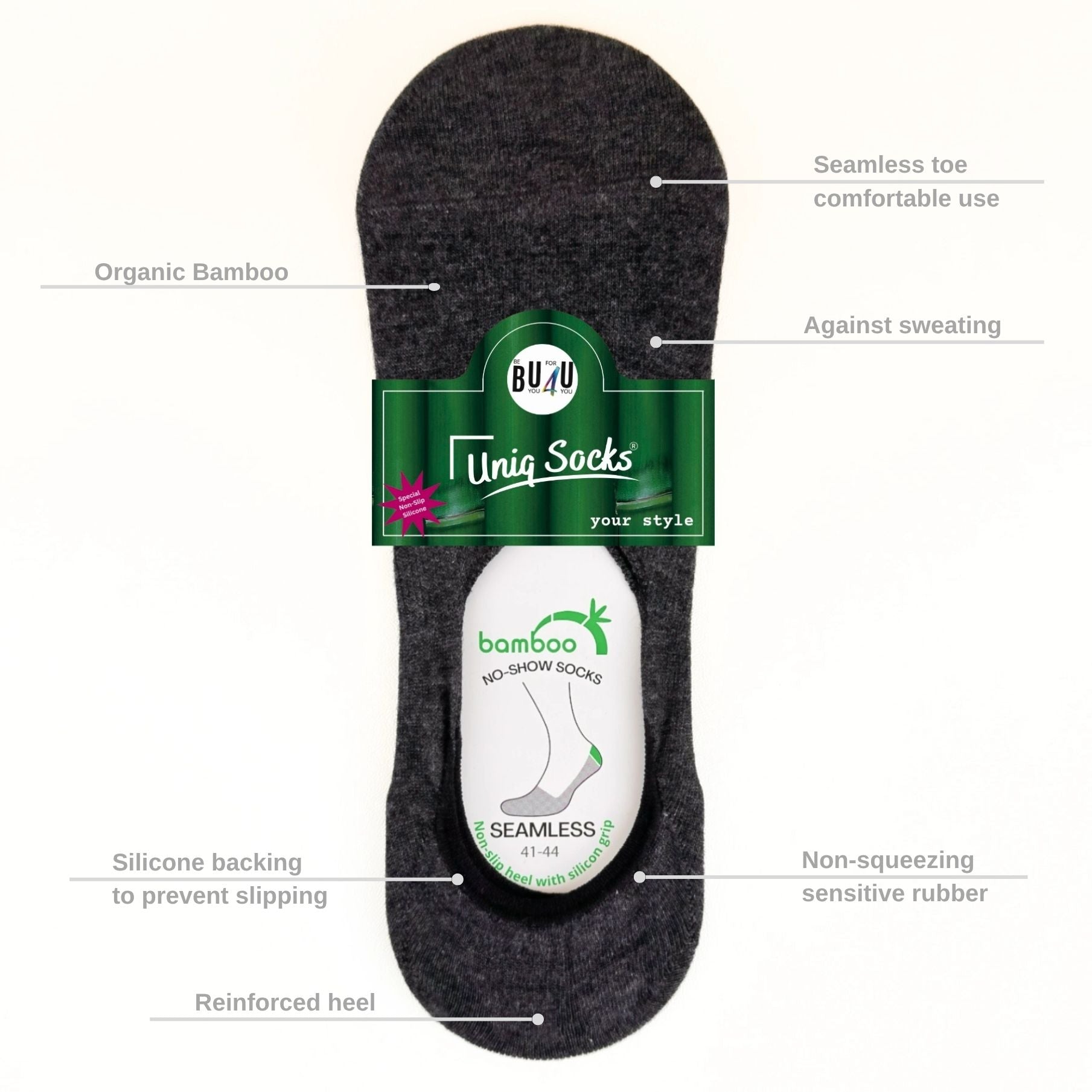 Image of seamless bamboo no-show sock showing sock features