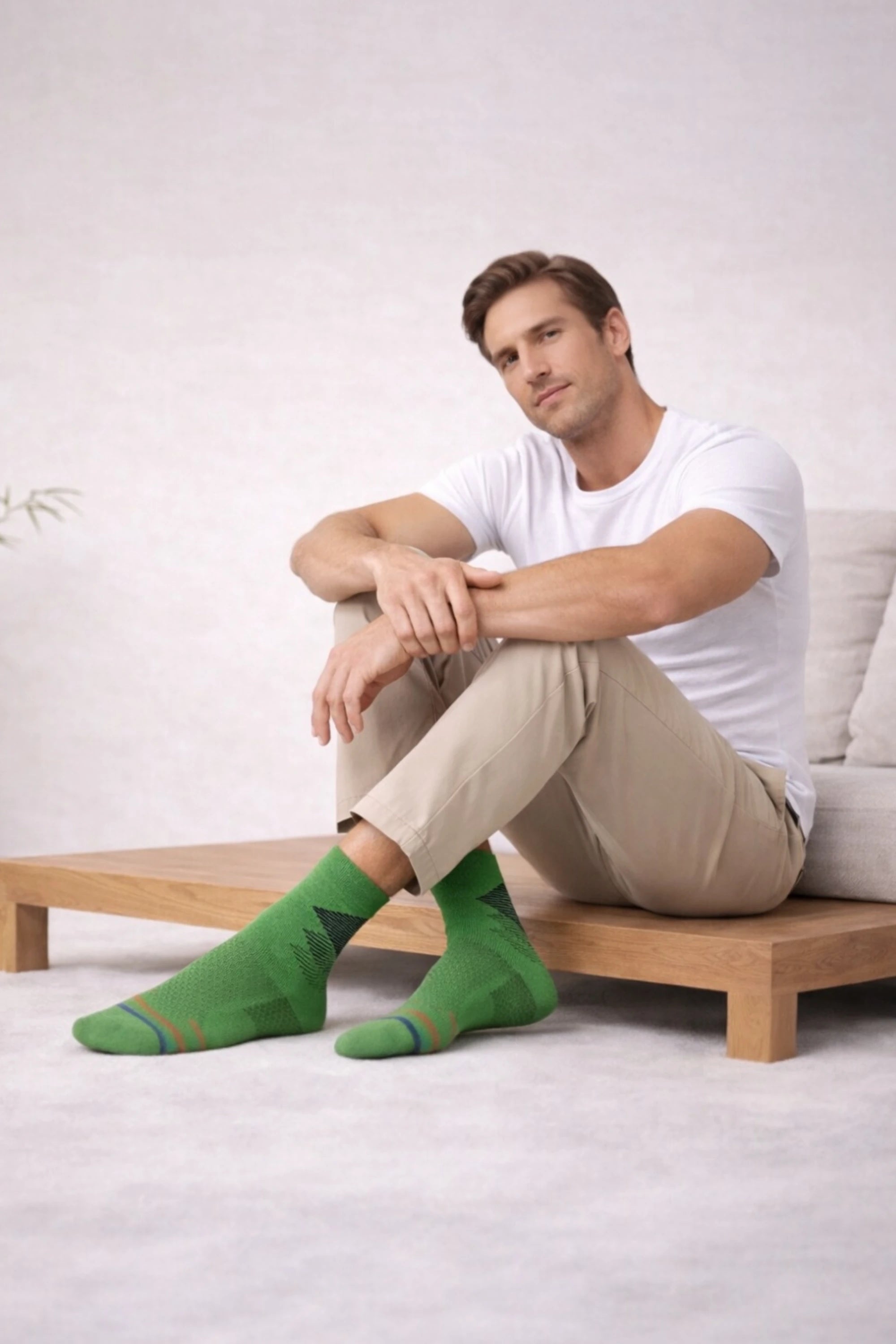 Man sitting on a couch wearing green socks with a white background