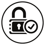 Black and white icon image of a closed padlock and a 'approved' tick