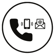 Black and white icon image of a telephone handset depicting a call in progress