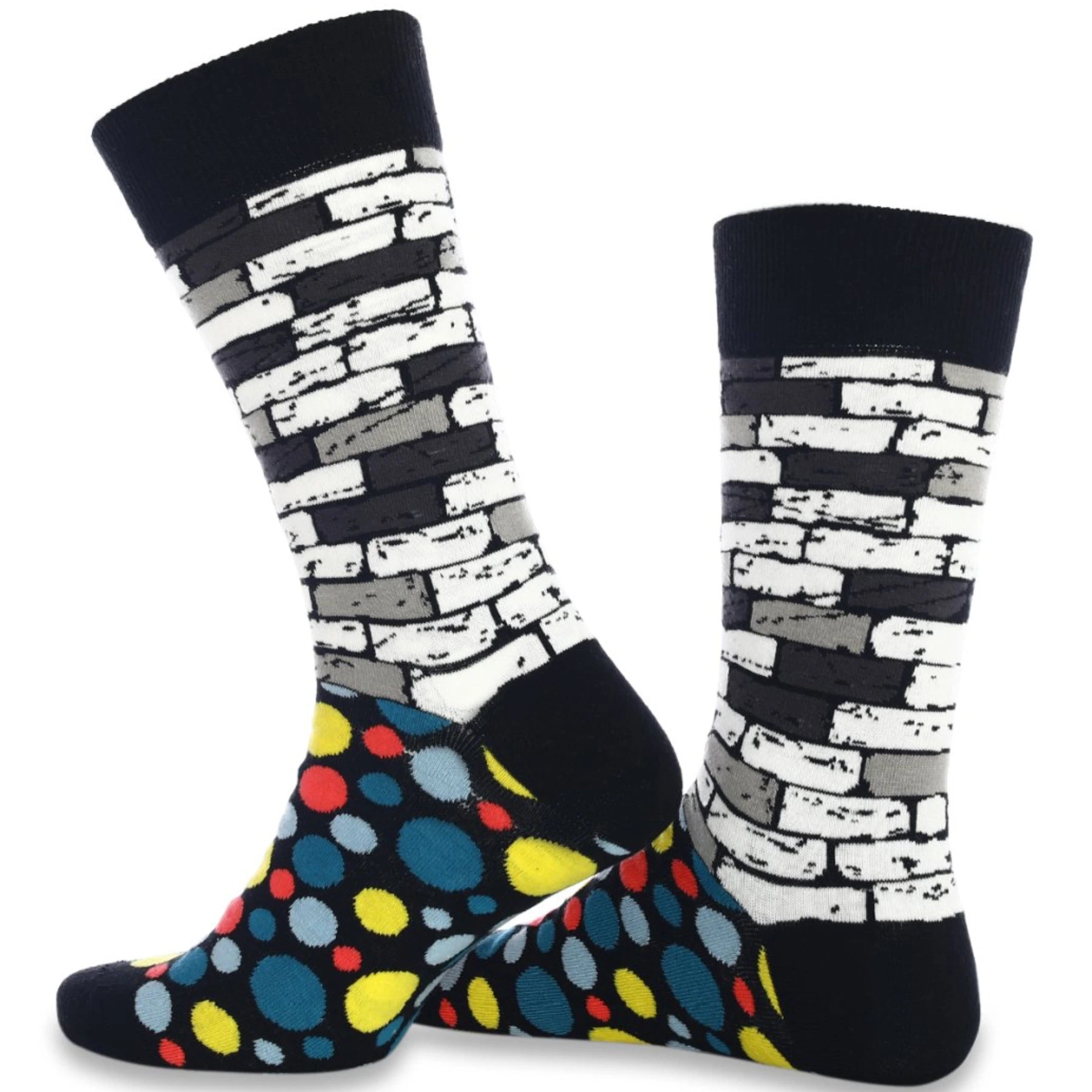 image of bricks and dot patterned colourful socks