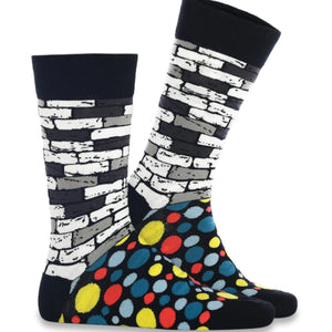 image of bricks and dot patterned colourful socks