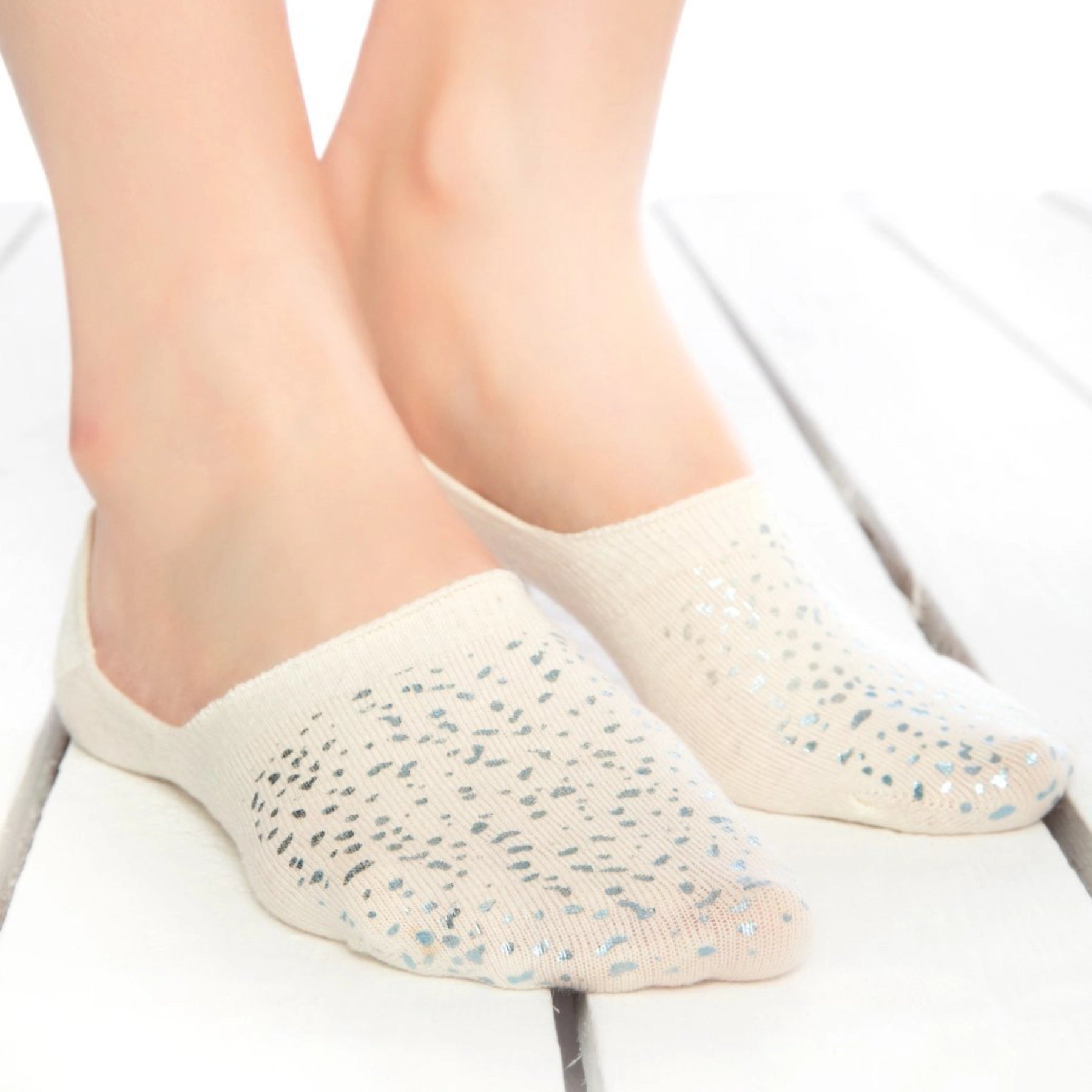 Cotton, Ivory Coloured, No-Show, Sparkly, Non-Slip Sock