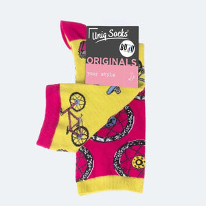 photo of mismatched bicycle-themed crew socks