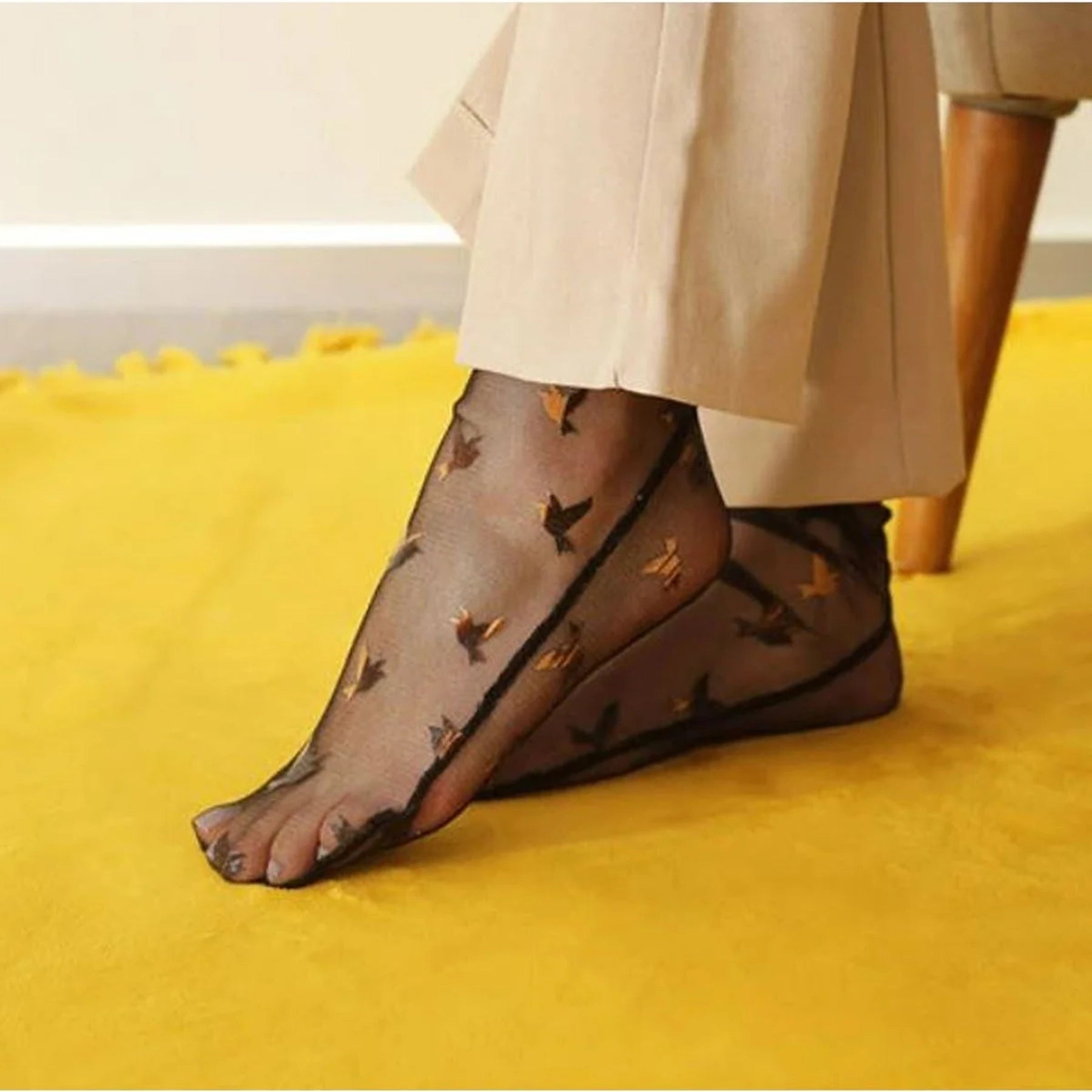 Black tule socks with gold birds