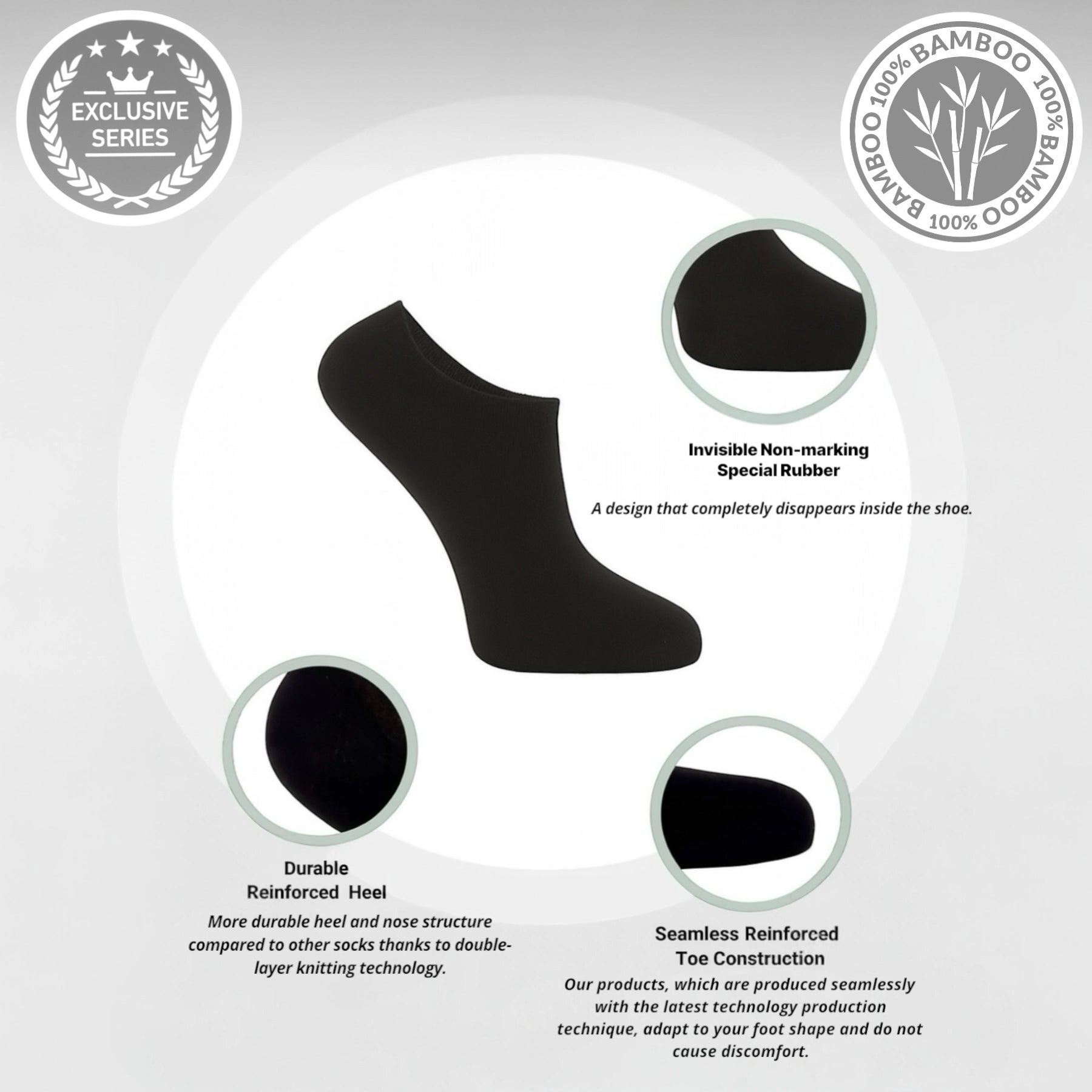 Black ankle sock with features highlighted on a white background