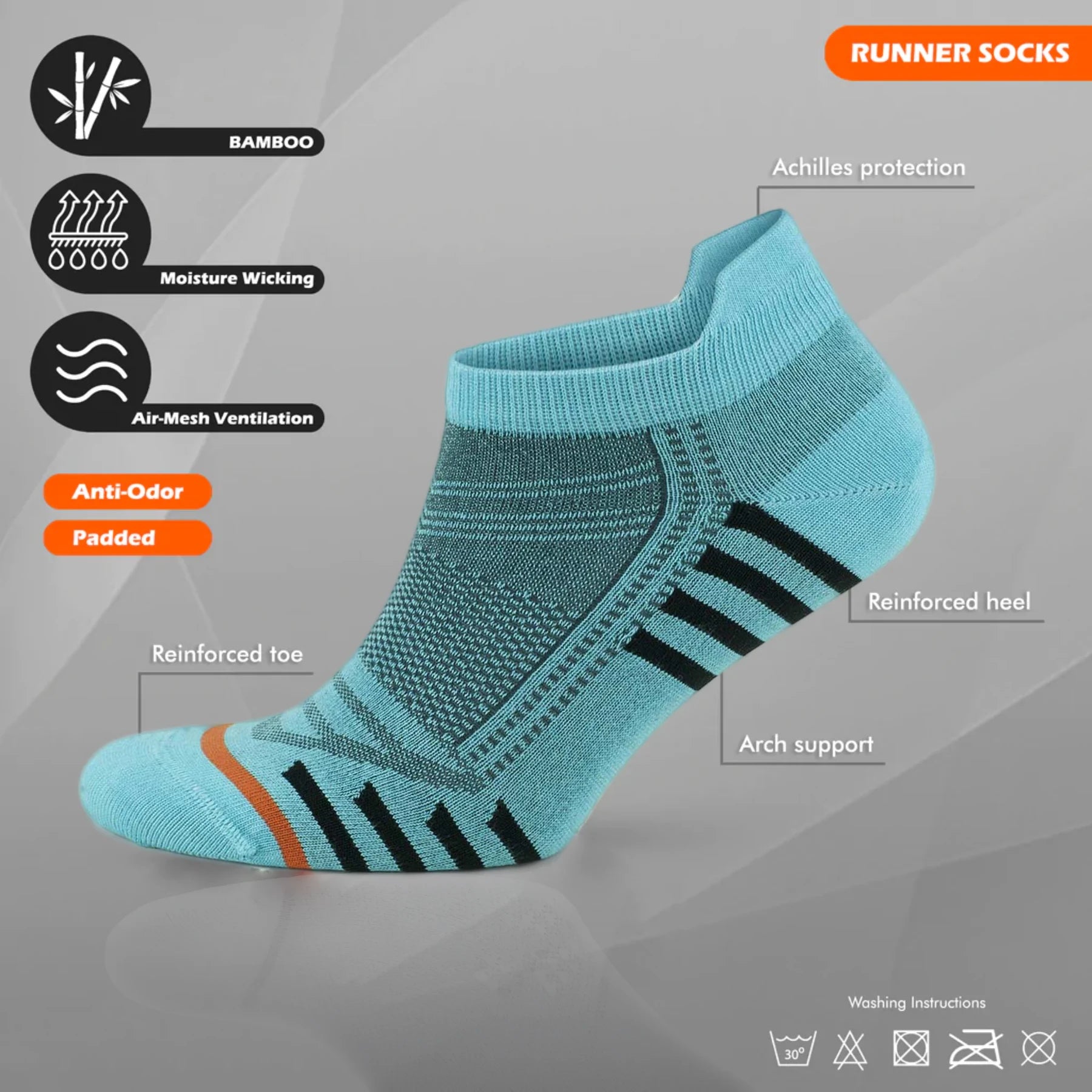 Bamboo aqua coloured athletic arch support sneaker sock, tech info