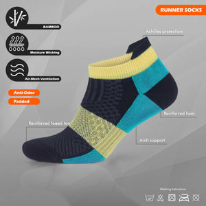 Bamboo aqua athletic sneaker sock with heel tab, tech info