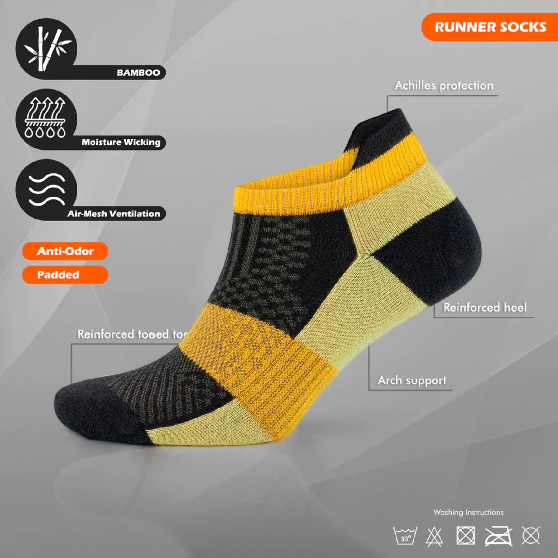 Bamboo brown athletic arch support sock, tech info