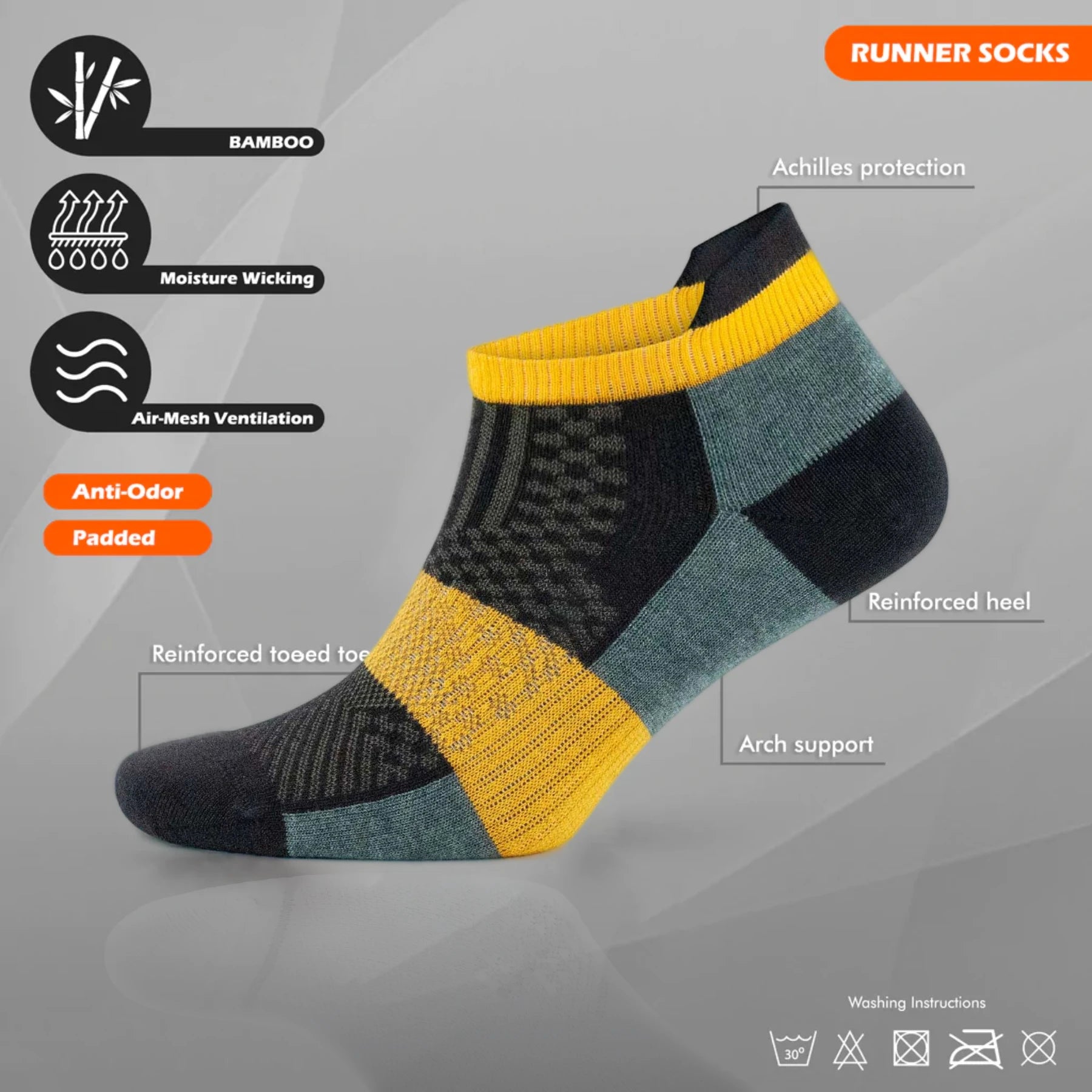 Bamboo orange athletic sneaker sock with heel tab, tech info