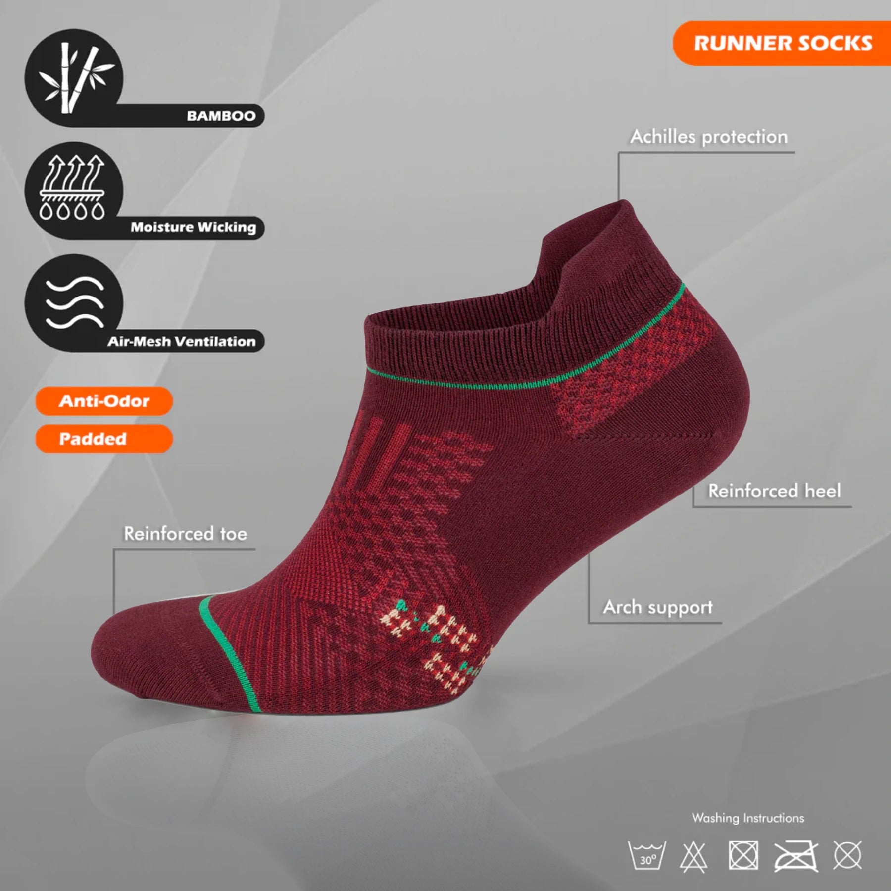 Tech specs of burgundy athletic sock for running and golf with heel tab