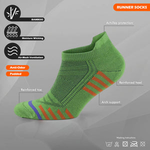 Bamboo green coloured athletic arch support sneaker sock, tech info