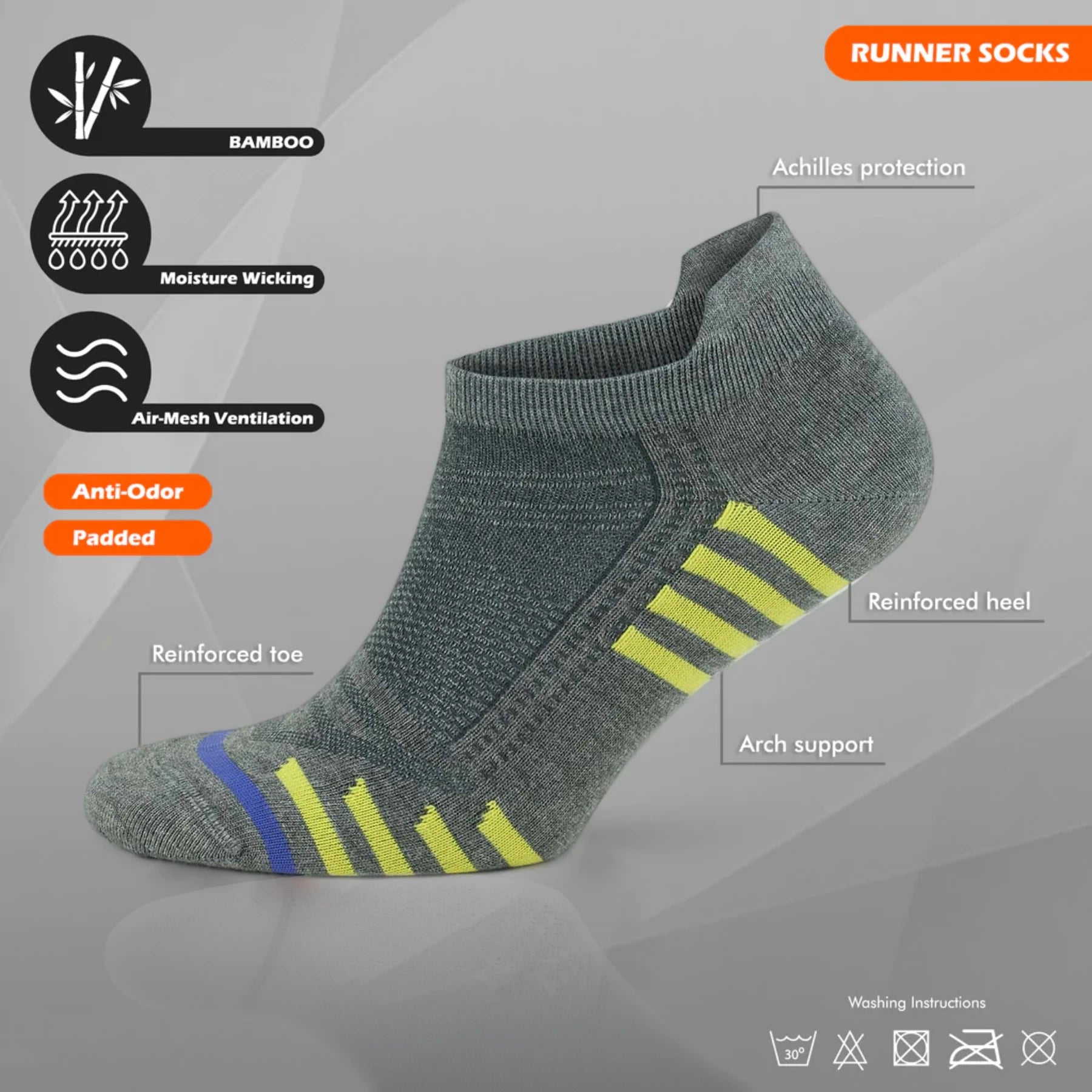 Bamboo grey coloured athletic arch support sneaker sock, tech info