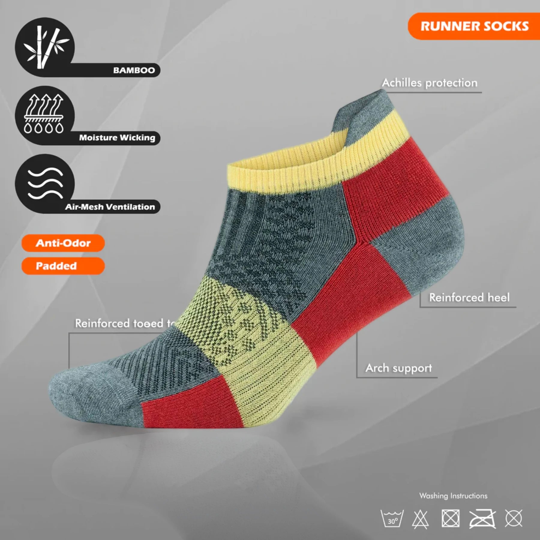 Bamboo red athletic sneaker sock with heel tab, tech info