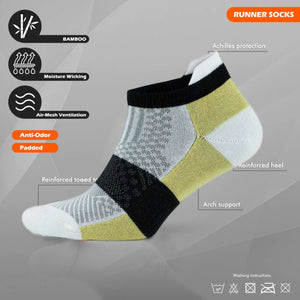 Bamboo yellow athletic sneaker sock with heel tab, tech info