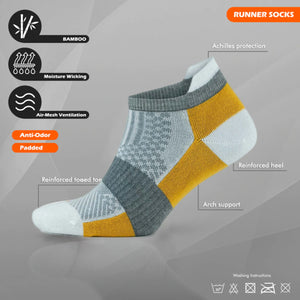 Bamboo orange athletic sneaker sock with heel tab, tech info