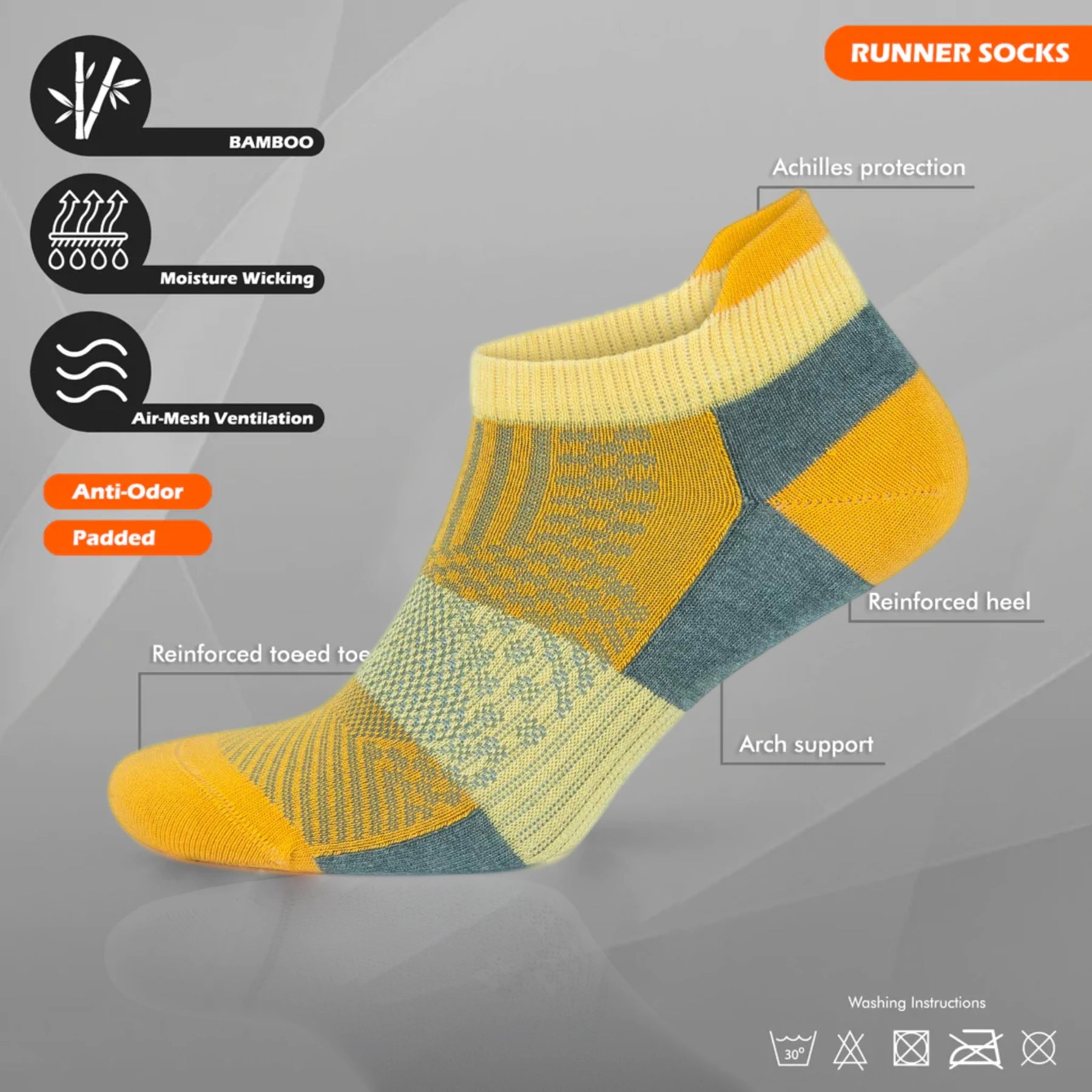 Bamboo mid-grey athletic arch support sock, tech info