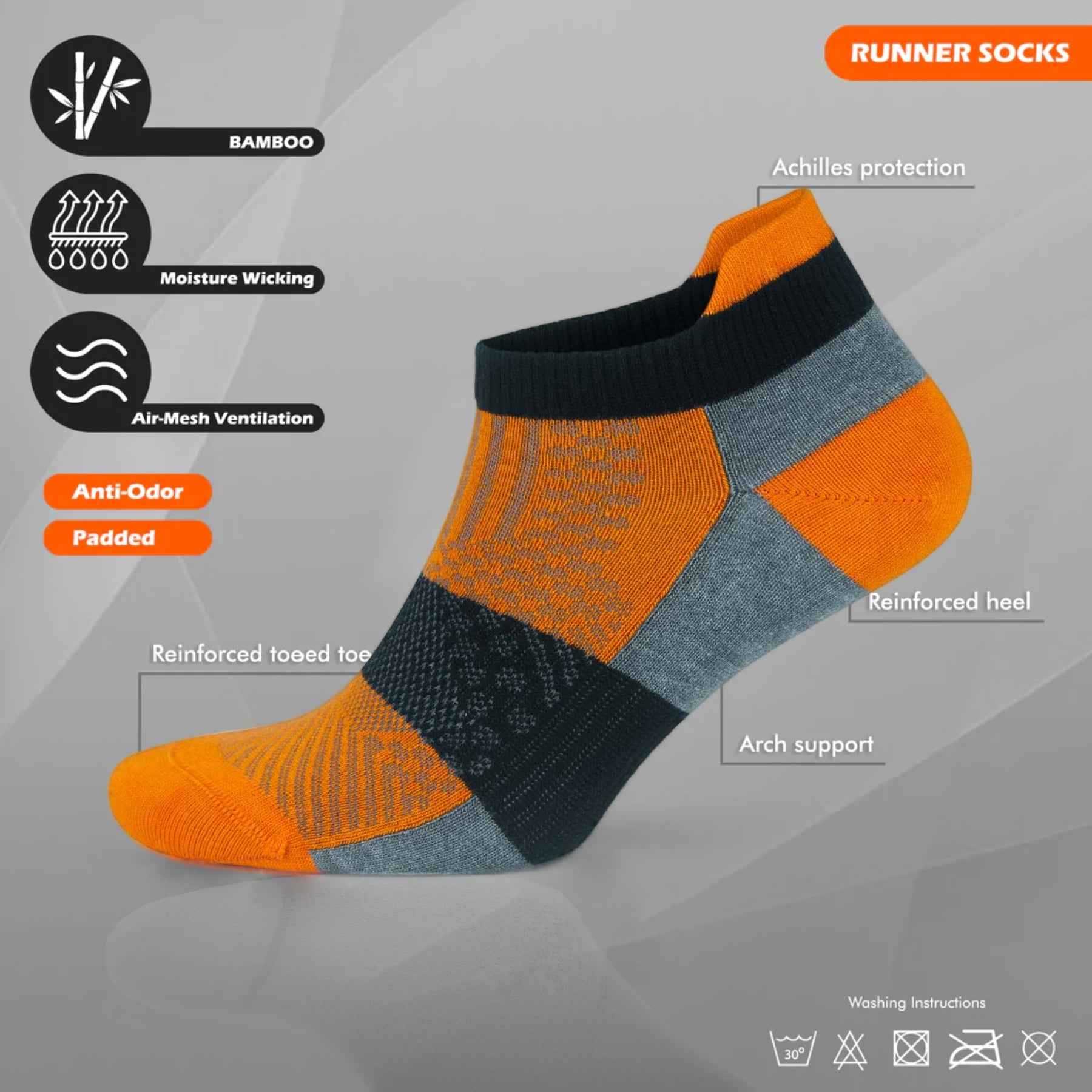 Bamboo orange athletic arch support sock, tech details