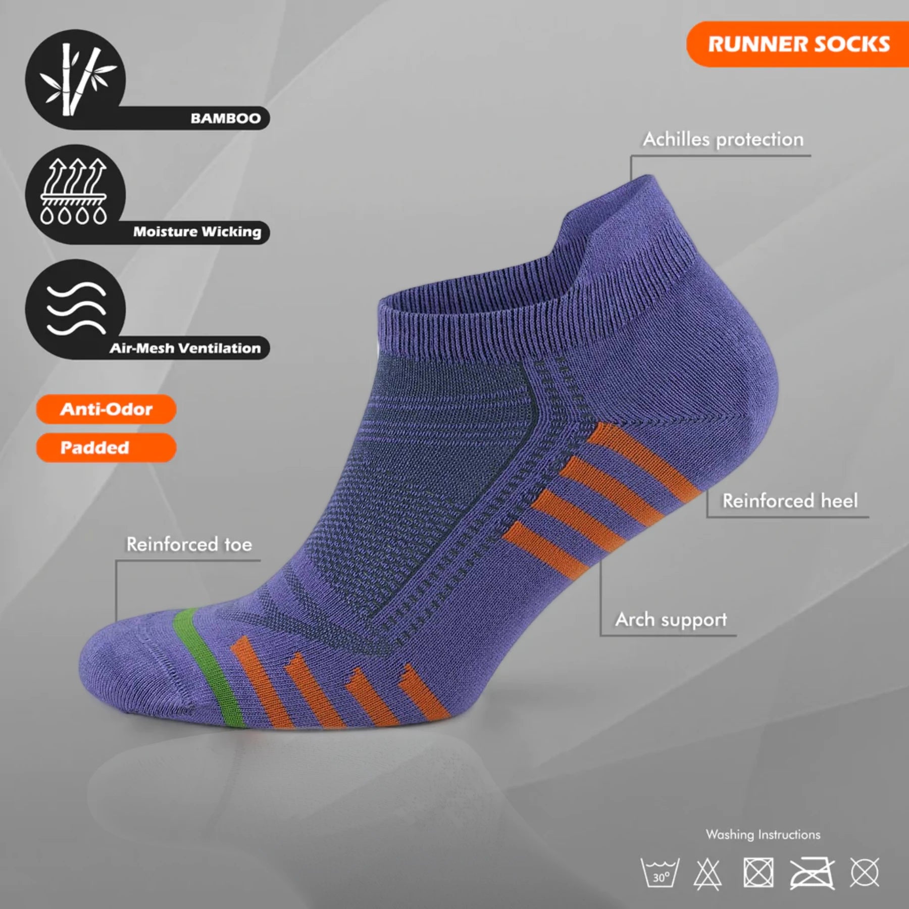 Bamboo purple coloured athletic arch support sneaker sock, tech info