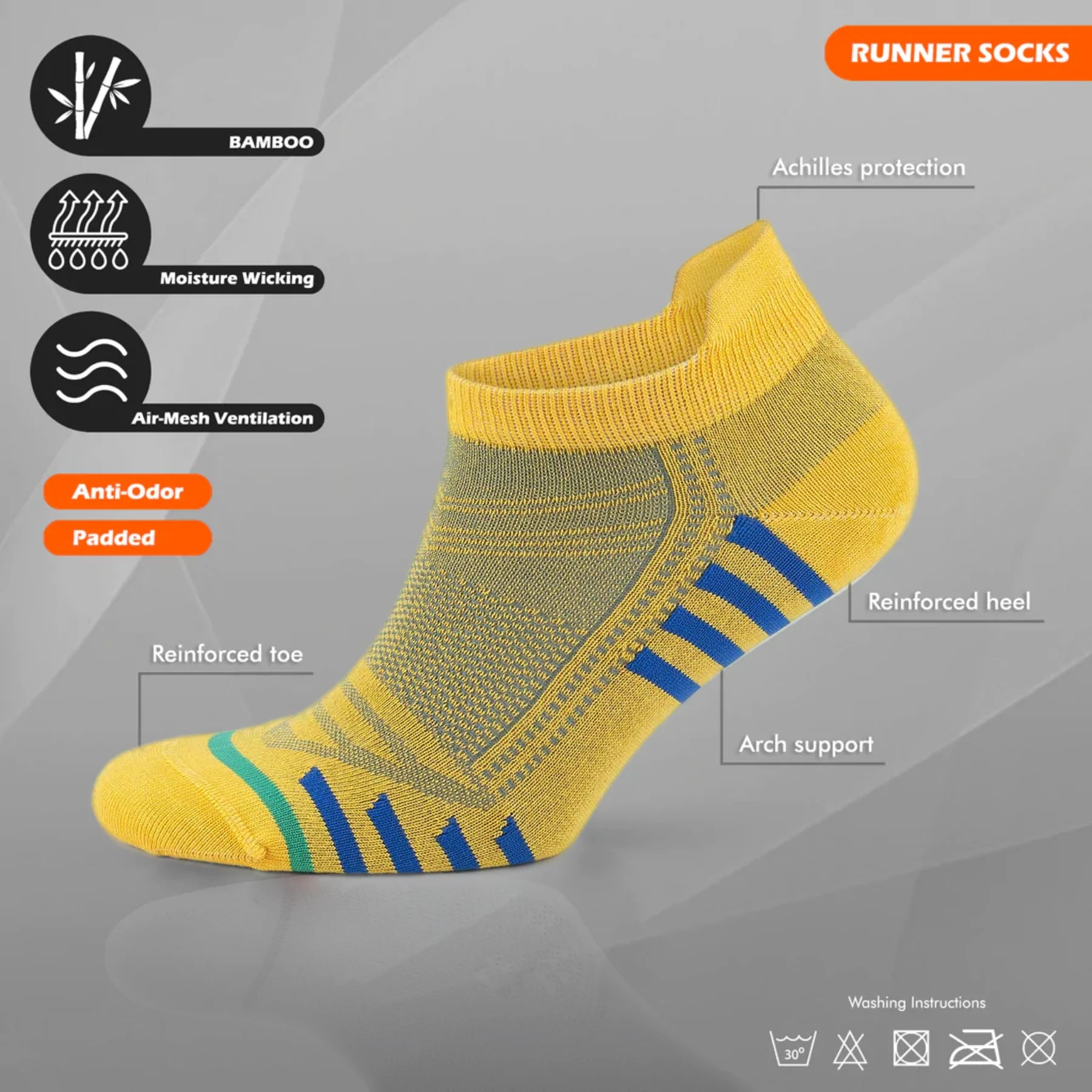 Bamboo mandarin coloured athletic arch support sneaker sock, tech info