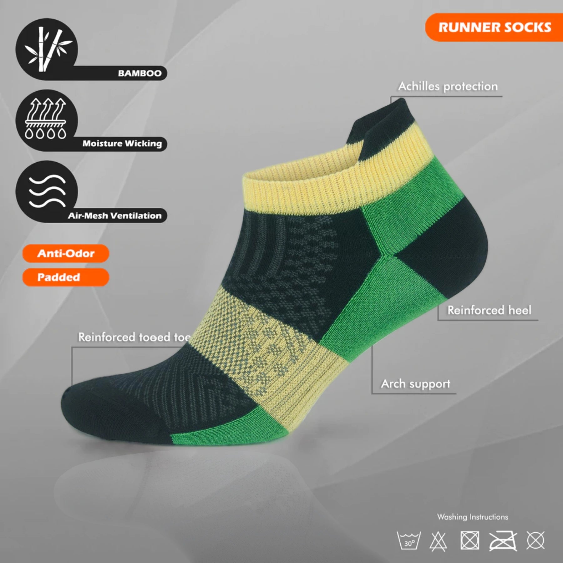 Bamboo green athletic sneaker sock with heel tab, tech info